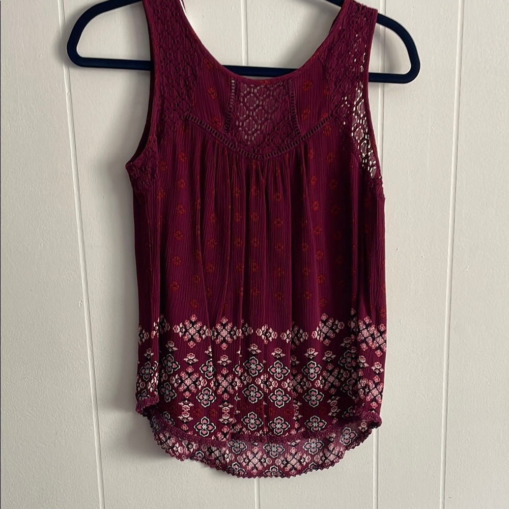 Sleeveless Lace Yoke Burgundy Printed Women's Top